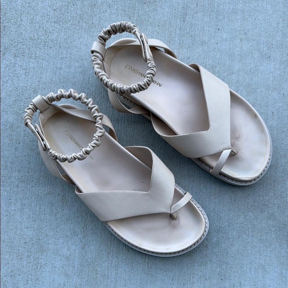 Jonathan Simkhai Beige Ruched Ankle-Strap Leather Sandals